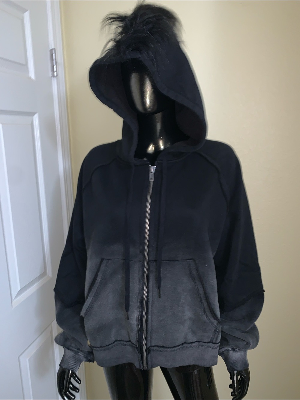 NWT Dolls Kill Black Ombre Zip-Up Hoodie with Faux Mohawk Hoodie, Size Small